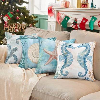Shineful Set-4 of 2D Print Cushion Cover, Pillowcase, Pillows Covers - Whimsical Underwater World: Sea Creatures and Ocean Wonders in Soft Pastels