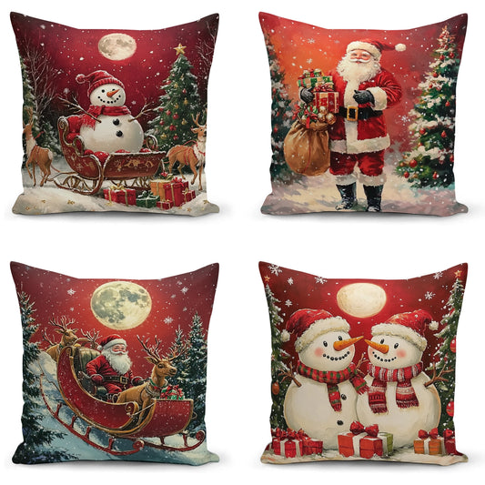 Shineful Set-4 of 2D Print Cushion Cover, Pillowcase, Pillows Covers - Magical Christmas Moments: Snowmen, Santa, and Holiday Cheer