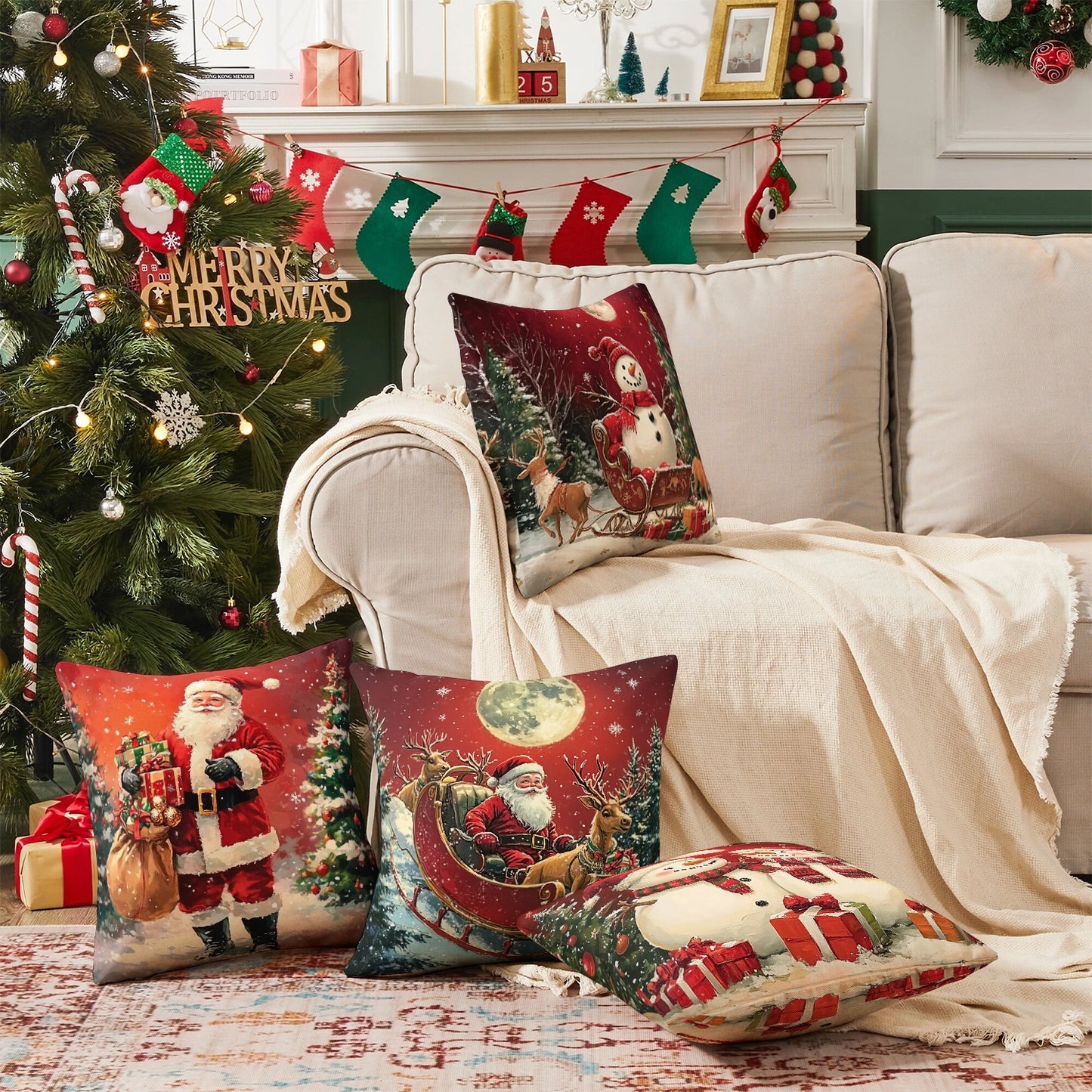 Shineful Set-4 of 2D Print Cushion Cover, Pillowcase, Pillows Covers - Magical Christmas Moments: Snowmen, Santa, and Holiday Cheer