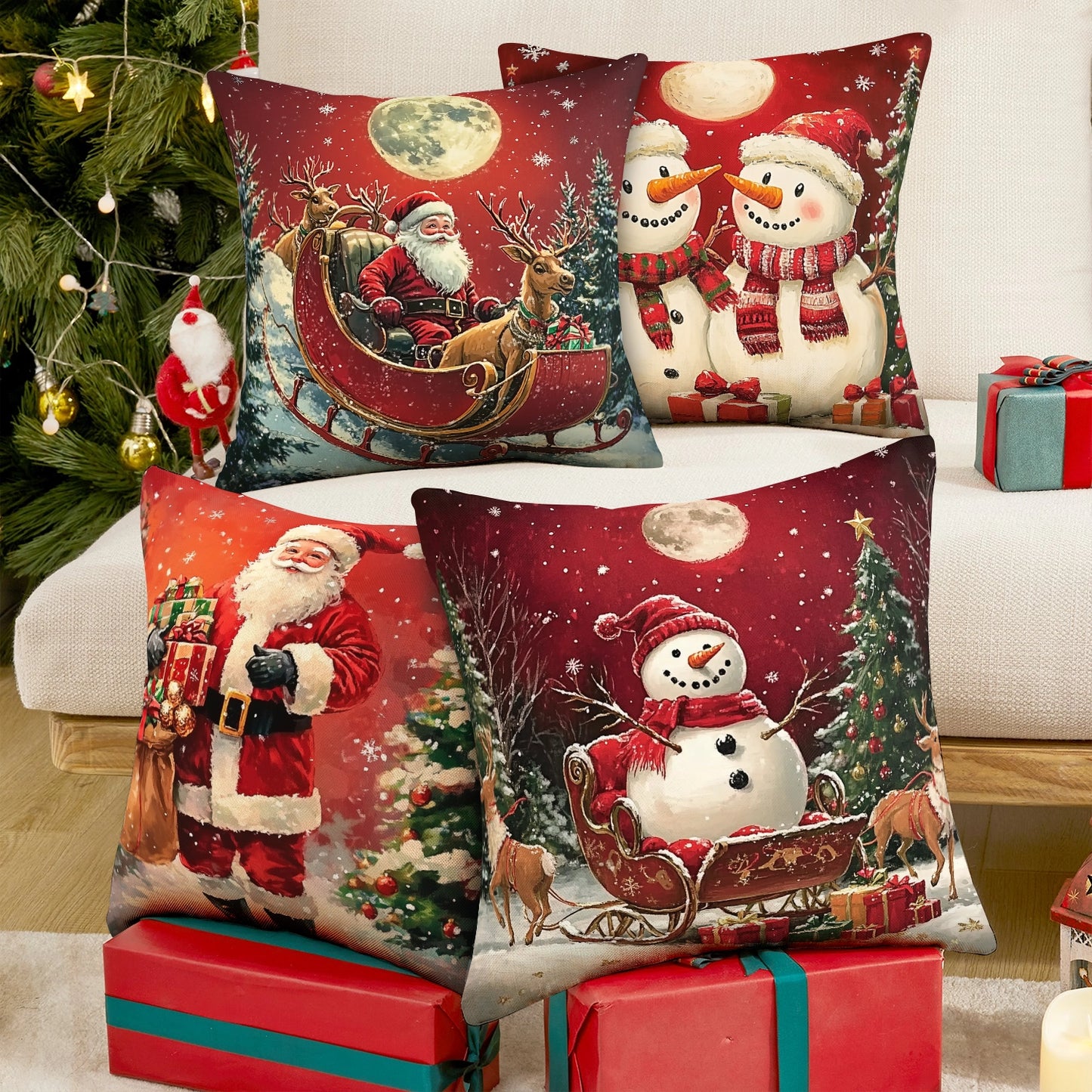 Shineful Set-4 of 2D Print Cushion Cover, Pillowcase, Pillows Covers - Magical Christmas Moments: Snowmen, Santa, and Holiday Cheer
