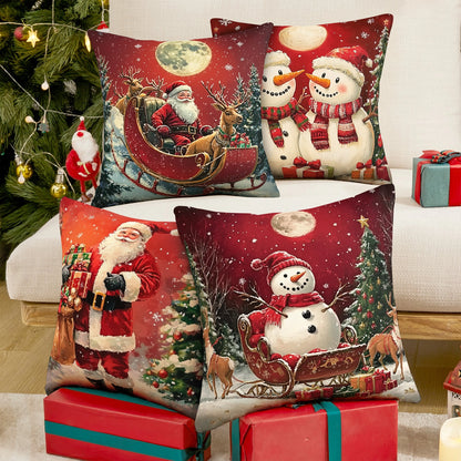 Shineful Set-4 of 2D Print Cushion Cover, Pillowcase, Pillows Covers - Magical Christmas Moments: Snowmen, Santa, and Holiday Cheer