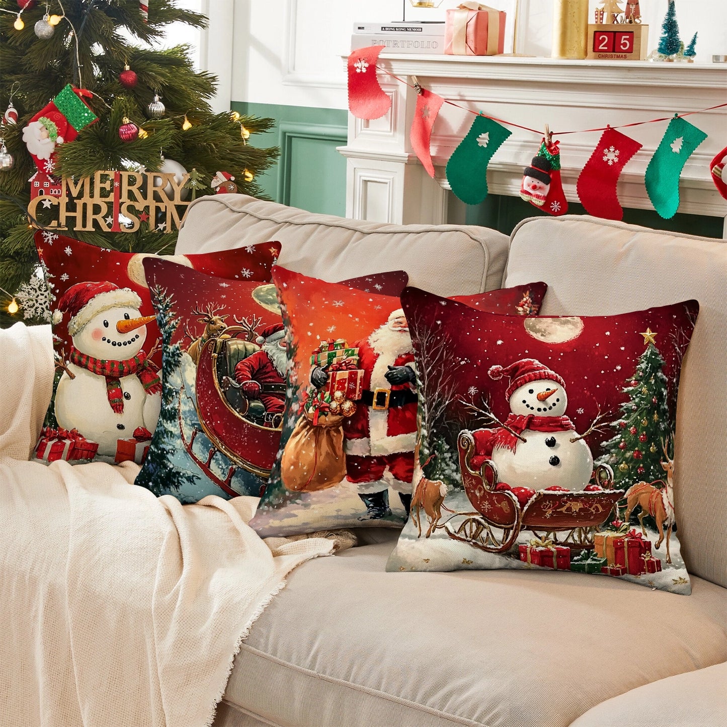 Shineful Set-4 of 2D Print Cushion Cover, Pillowcase, Pillows Covers - Magical Christmas Moments: Snowmen, Santa, and Holiday Cheer