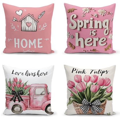 Shineful Set-4 of 2D Print Cushion Cover, Pillowcase, Pillows Covers - Sweet Spring Home Decor: Heartfelt Home, Spring Vibes, and Fresh Blooms