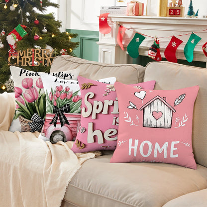 Shineful Set-4 of 2D Print Cushion Cover, Pillowcase, Pillows Covers - Sweet Spring Home Decor: Heartfelt Home, Spring Vibes, and Fresh Blooms