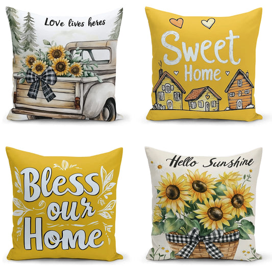Shineful Set-4 of 2D Print Cushion Cover, Pillowcase, Pillows Covers - Sweet and Cozy Home Designs with Love, Sunflowers, and Warmth
