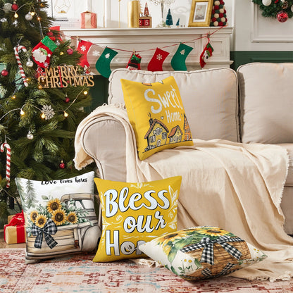 Shineful Set-4 of 2D Print Cushion Cover, Pillowcase, Pillows Covers - Sweet and Cozy Home Designs with Love, Sunflowers, and Warmth