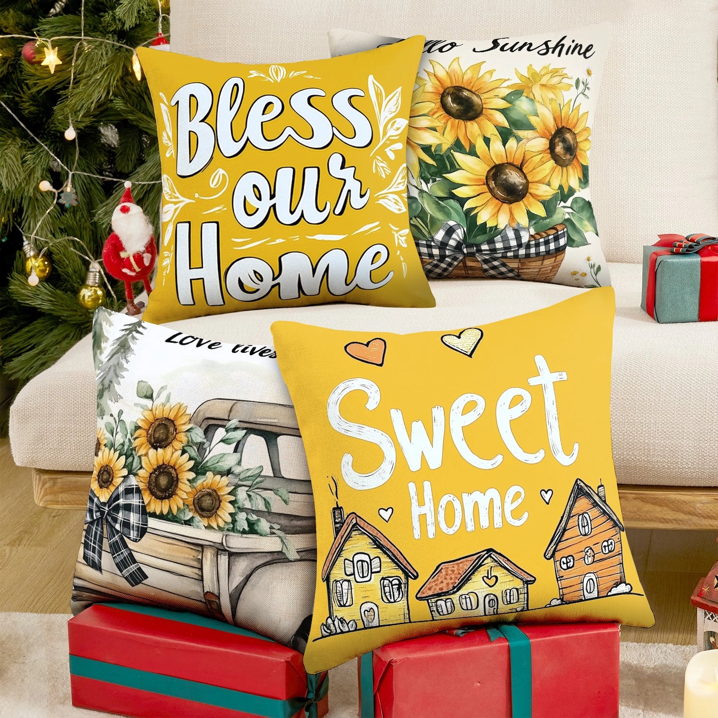 Shineful Set-4 of 2D Print Cushion Cover, Pillowcase, Pillows Covers - Sweet and Cozy Home Designs with Love, Sunflowers, and Warmth