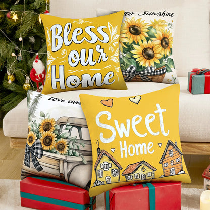 Shineful Set-4 of 2D Print Cushion Cover, Pillowcase, Pillows Covers - Sweet and Cozy Home Designs with Love, Sunflowers, and Warmth