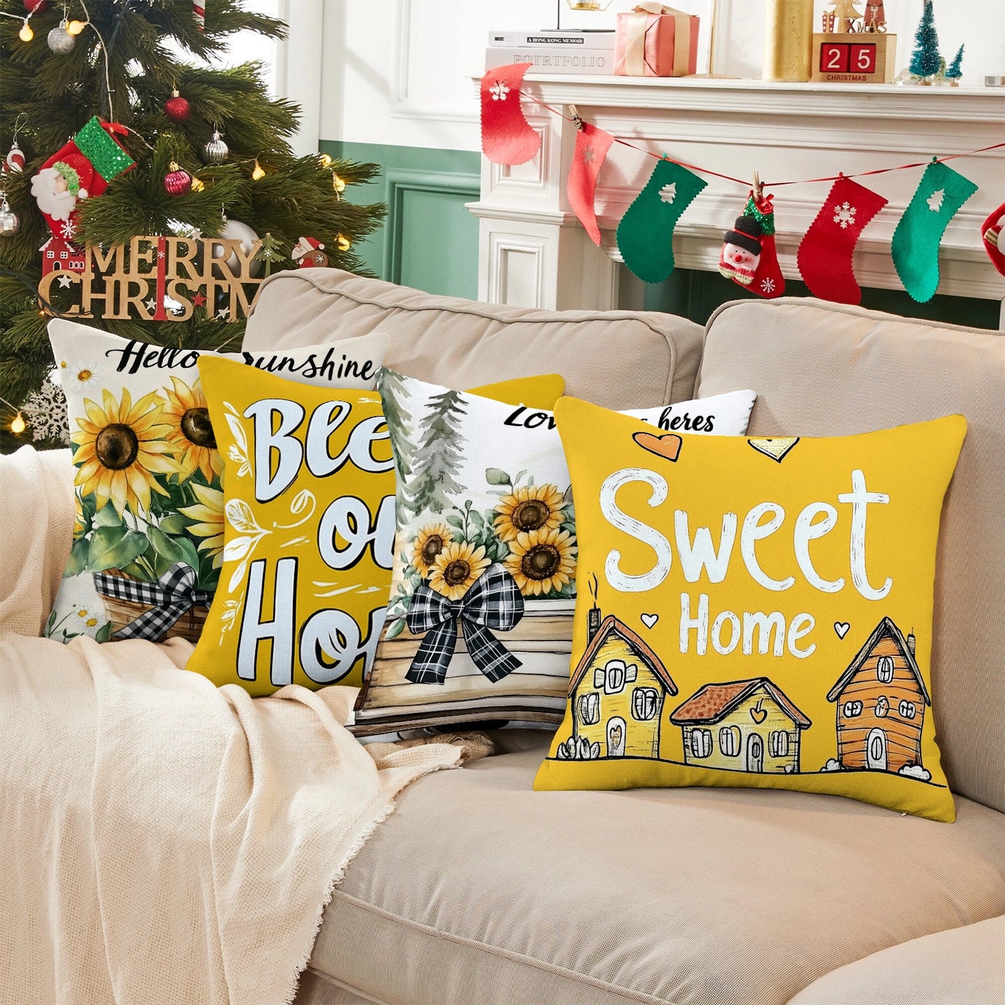 Shineful Set-4 of 2D Print Cushion Cover, Pillowcase, Pillows Covers - Sweet and Cozy Home Designs with Love, Sunflowers, and Warmth