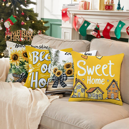 Shineful Set-4 of 2D Print Cushion Cover, Pillowcase, Pillows Covers - Sweet and Cozy Home Designs with Love, Sunflowers, and Warmth