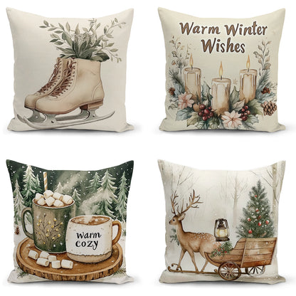 Shineful Set-4 of 2D Print Cushion Cover, Pillowcase, Pillows Covers - Cozy Winter Moments: Warm Wishes, Festive Decorations, and Rustic Charm