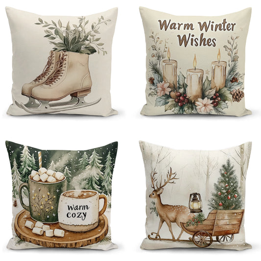Shineful Set-4 of 2D Print Cushion Cover, Pillowcase, Pillows Covers - Cozy Winter Moments: Warm Wishes, Festive Decorations, and Rustic Charm
