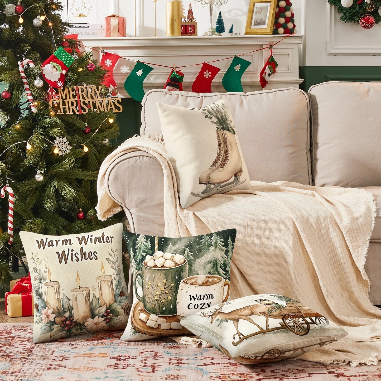 Shineful Set-4 of 2D Print Cushion Cover, Pillowcase, Pillows Covers - Cozy Winter Moments: Warm Wishes, Festive Decorations, and Rustic Charm