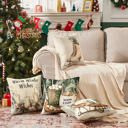 Shineful Set-4 of 2D Print Cushion Cover, Pillowcase, Pillows Covers - Cozy Winter Moments: Warm Wishes, Festive Decorations, and Rustic Charm
