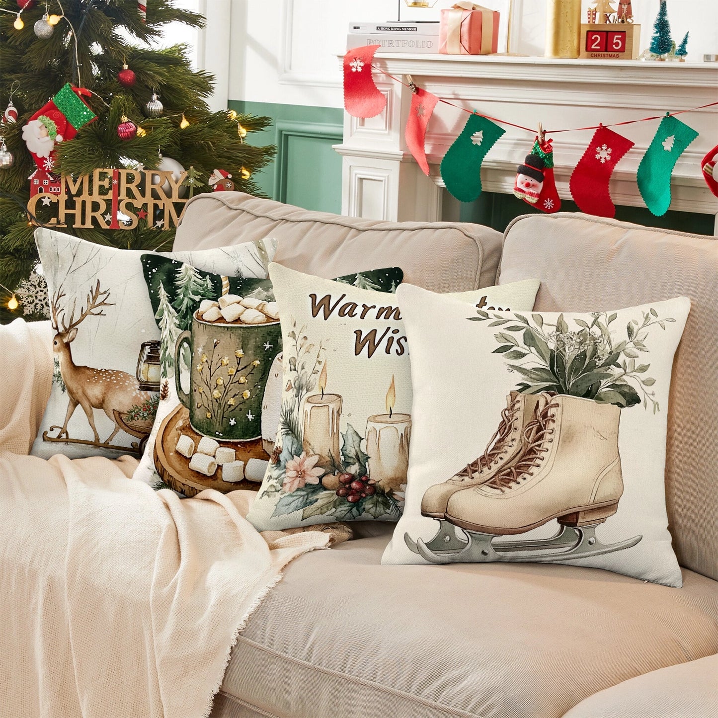Shineful Set-4 of 2D Print Cushion Cover, Pillowcase, Pillows Covers - Cozy Winter Moments: Warm Wishes, Festive Decorations, and Rustic Charm
