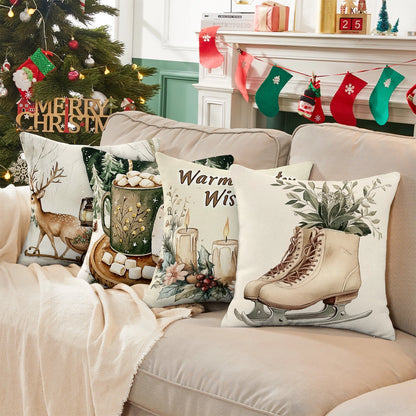 Shineful Set-4 of 2D Print Cushion Cover, Pillowcase, Pillows Covers - Cozy Winter Moments: Warm Wishes, Festive Decorations, and Rustic Charm