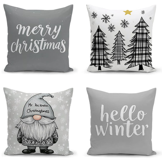 Shineful Set-4 of 2D Print Cushion Cover, Pillowcase, Pillows Covers - Whimsical Winter Wonderland: Charming Christmas and Winter Celebrations