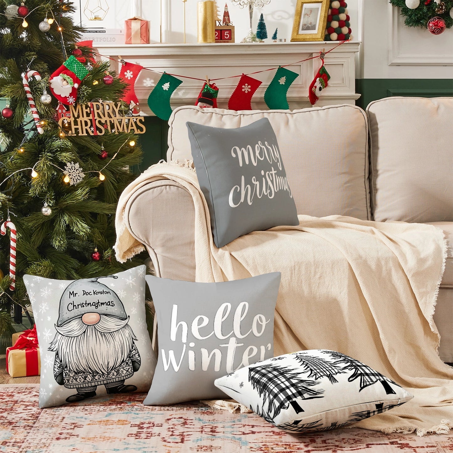 Shineful Set-4 of 2D Print Cushion Cover, Pillowcase, Pillows Covers - Whimsical Winter Wonderland: Charming Christmas and Winter Celebrations
