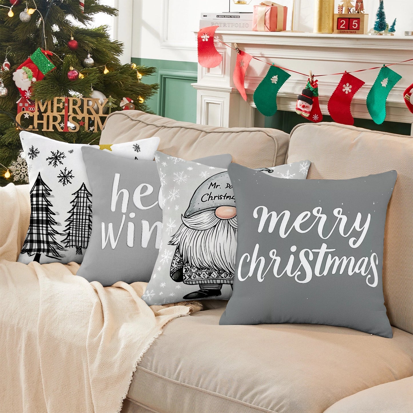 Shineful Set-4 of 2D Print Cushion Cover, Pillowcase, Pillows Covers - Whimsical Winter Wonderland: Charming Christmas and Winter Celebrations