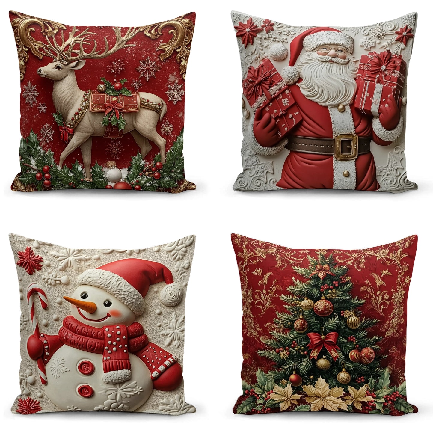 Shineful Set-4 of 2D Print Cushion Cover, Pillowcase, Pillows Covers - Charming Christmas Elegance: Festive Deer, Santa, Snowman, and the Majestic Tree in 3D Holiday Splendor