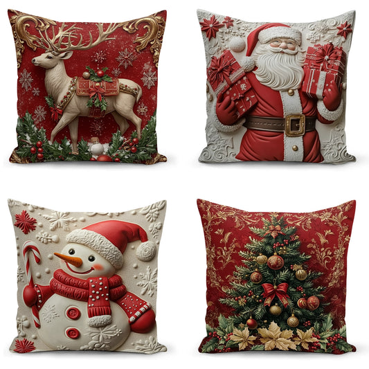 Shineful Set-4 of 2D Print Cushion Cover, Pillowcase, Pillows Covers - Charming Christmas Elegance: Festive Deer, Santa, Snowman, and the Majestic Tree in 3D Holiday Splendor