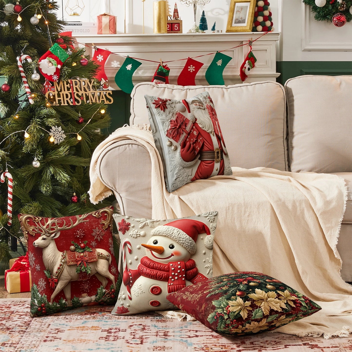 Shineful Set-4 of 2D Print Cushion Cover, Pillowcase, Pillows Covers - Charming Christmas Elegance: Festive Deer, Santa, Snowman, and the Majestic Tree in 3D Holiday Splendor