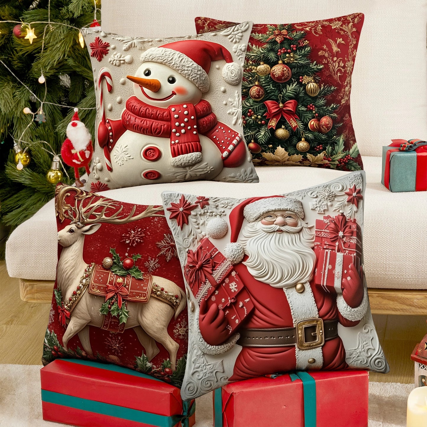 Shineful Set-4 of 2D Print Cushion Cover, Pillowcase, Pillows Covers - Charming Christmas Elegance: Festive Deer, Santa, Snowman, and the Majestic Tree in 3D Holiday Splendor
