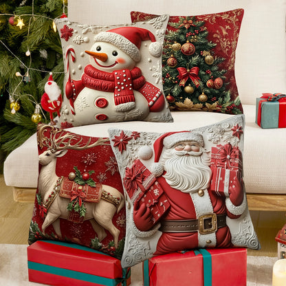 Shineful Set-4 of 2D Print Cushion Cover, Pillowcase, Pillows Covers - Charming Christmas Elegance: Festive Deer, Santa, Snowman, and the Majestic Tree in 3D Holiday Splendor