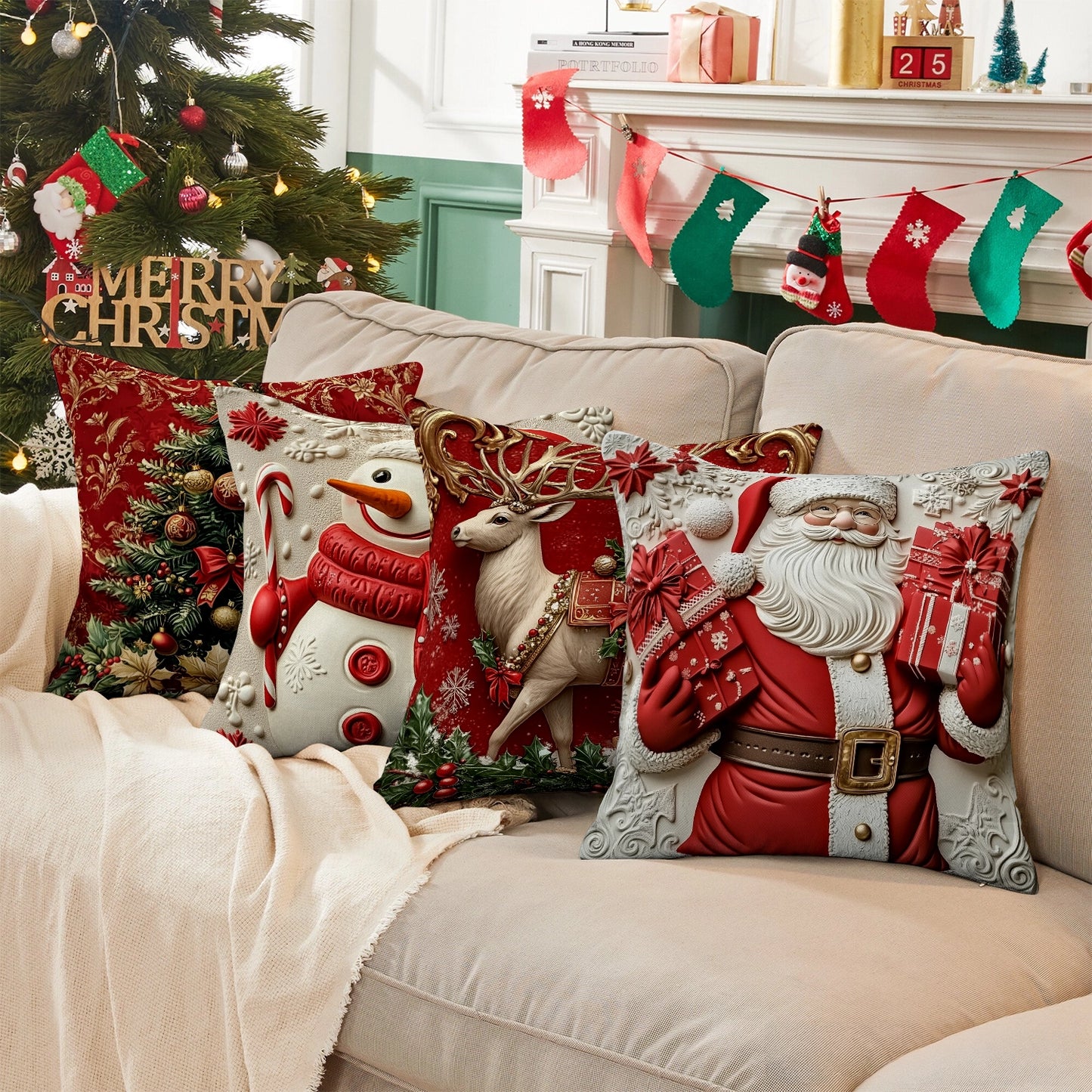 Shineful Set-4 of 2D Print Cushion Cover, Pillowcase, Pillows Covers - Charming Christmas Elegance: Festive Deer, Santa, Snowman, and the Majestic Tree in 3D Holiday Splendor