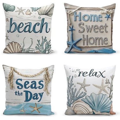 Shineful Set-4 of 2D Print Cushion Cover, Pillowcase, Pillows Covers - Beachy Bliss: A Collection of Seaside Signs and Coastal Wonders
