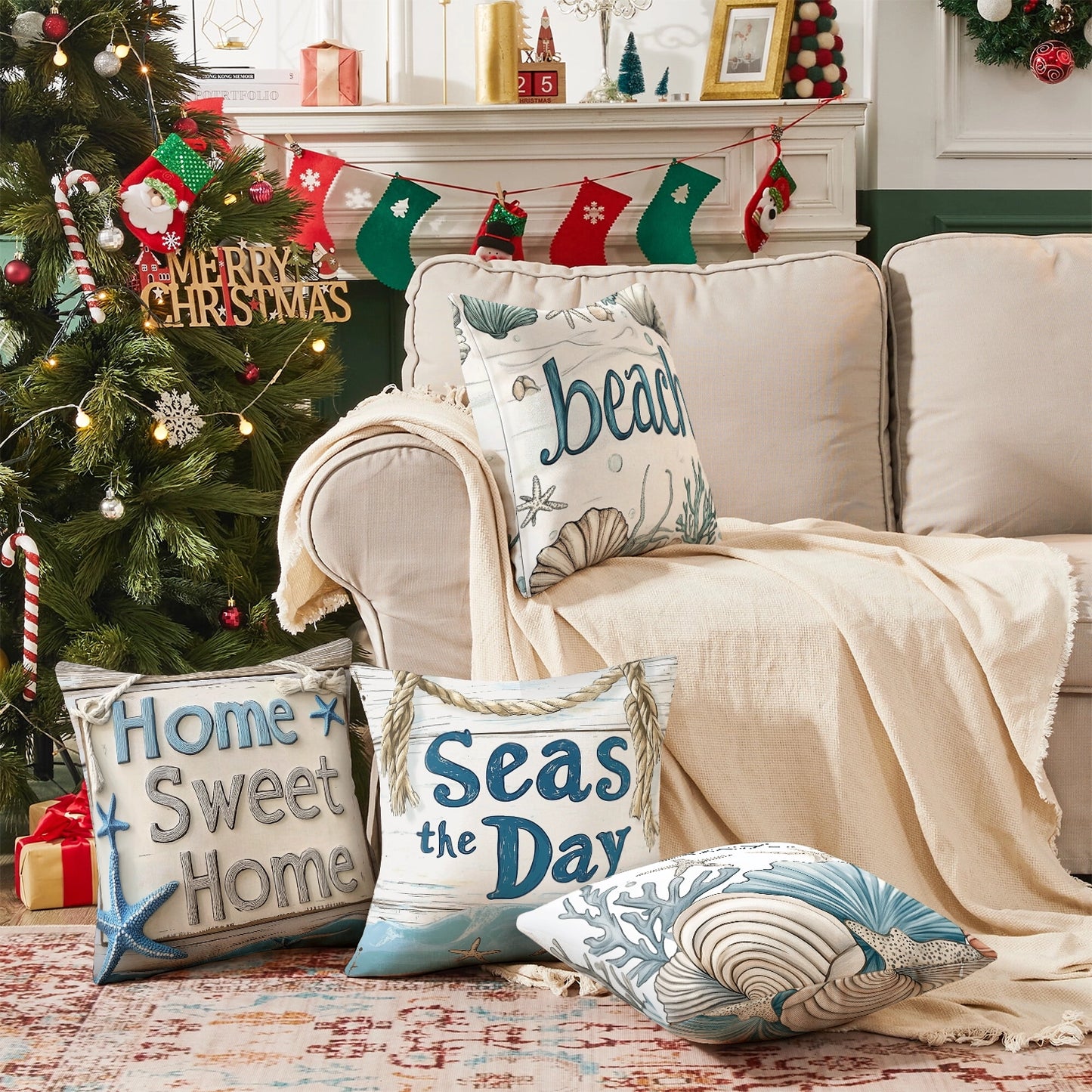 Shineful Set-4 of 2D Print Cushion Cover, Pillowcase, Pillows Covers - Beachy Bliss: A Collection of Seaside Signs and Coastal Wonders