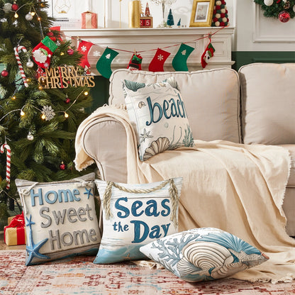 Shineful Set-4 of 2D Print Cushion Cover, Pillowcase, Pillows Covers - Beachy Bliss: A Collection of Seaside Signs and Coastal Wonders