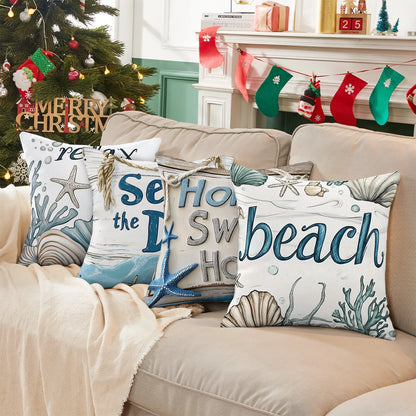 Shineful Set-4 of 2D Print Cushion Cover, Pillowcase, Pillows Covers - Beachy Bliss: A Collection of Seaside Signs and Coastal Wonders