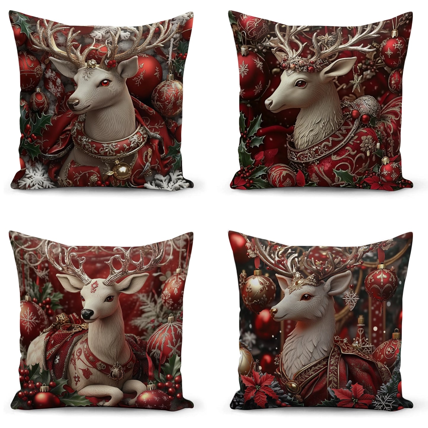 Shineful Set-4 of 2D Print Cushion Cover, Pillowcase, Pillows Covers - Exquisite Christmas Elegance: Majestic Reindeer Adorned with Festive Luxury and Holiday Charm