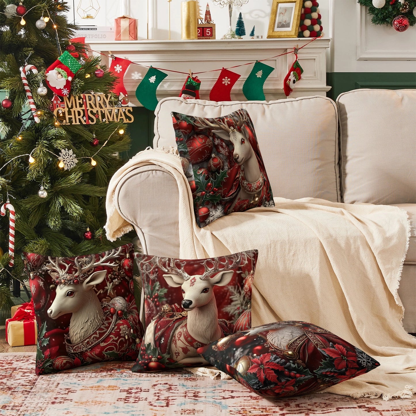 Shineful Set-4 of 2D Print Cushion Cover, Pillowcase, Pillows Covers - Exquisite Christmas Elegance: Majestic Reindeer Adorned with Festive Luxury and Holiday Charm