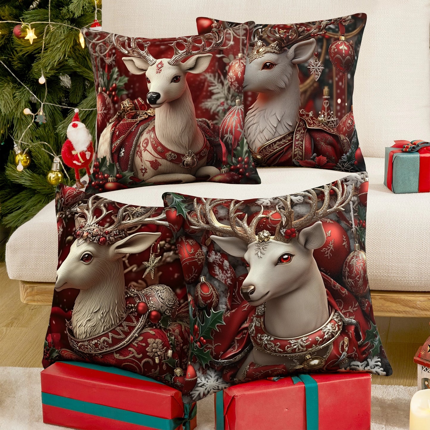 Shineful Set-4 of 2D Print Cushion Cover, Pillowcase, Pillows Covers - Exquisite Christmas Elegance: Majestic Reindeer Adorned with Festive Luxury and Holiday Charm