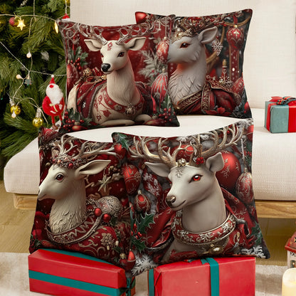 Shineful Set-4 of 2D Print Cushion Cover, Pillowcase, Pillows Covers - Exquisite Christmas Elegance: Majestic Reindeer Adorned with Festive Luxury and Holiday Charm