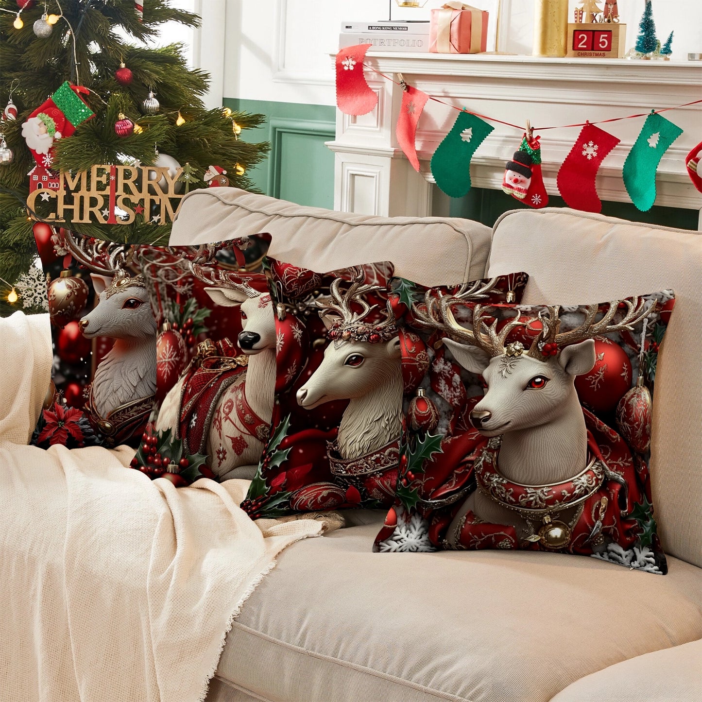 Shineful Set-4 of 2D Print Cushion Cover, Pillowcase, Pillows Covers - Exquisite Christmas Elegance: Majestic Reindeer Adorned with Festive Luxury and Holiday Charm