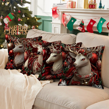 Shineful Set-4 of 2D Print Cushion Cover, Pillowcase, Pillows Covers - Exquisite Christmas Elegance: Majestic Reindeer Adorned with Festive Luxury and Holiday Charm