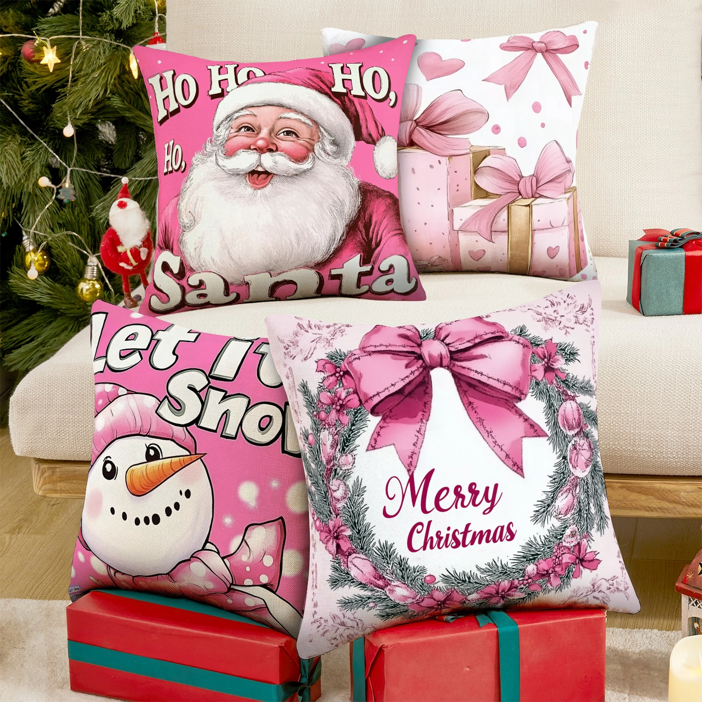 Shineful Set-4 of 2D Print Cushion Cover, Pillowcase, Pillows Covers - Pink Christmas Cheer A Whimsical Holiday Collection