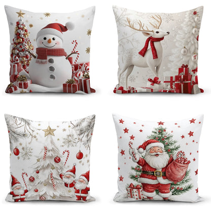 Shineful Set-4 of 2D Print Cushion Cover, Pillowcase, Pillows Covers - Whimsical Snowman Wonderland Festive Christmas Celebration