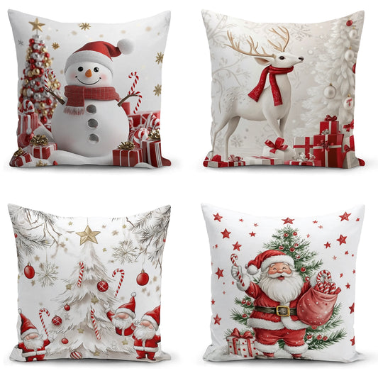 Shineful Set-4 of 2D Print Cushion Cover, Pillowcase, Pillows Covers - Whimsical Snowman Wonderland Festive Christmas Celebration