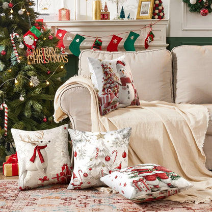 Shineful Set-4 of 2D Print Cushion Cover, Pillowcase, Pillows Covers - Whimsical Snowman Wonderland Festive Christmas Celebration