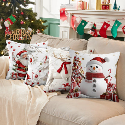 Shineful Set-4 of 2D Print Cushion Cover, Pillowcase, Pillows Covers - Whimsical Snowman Wonderland Festive Christmas Celebration
