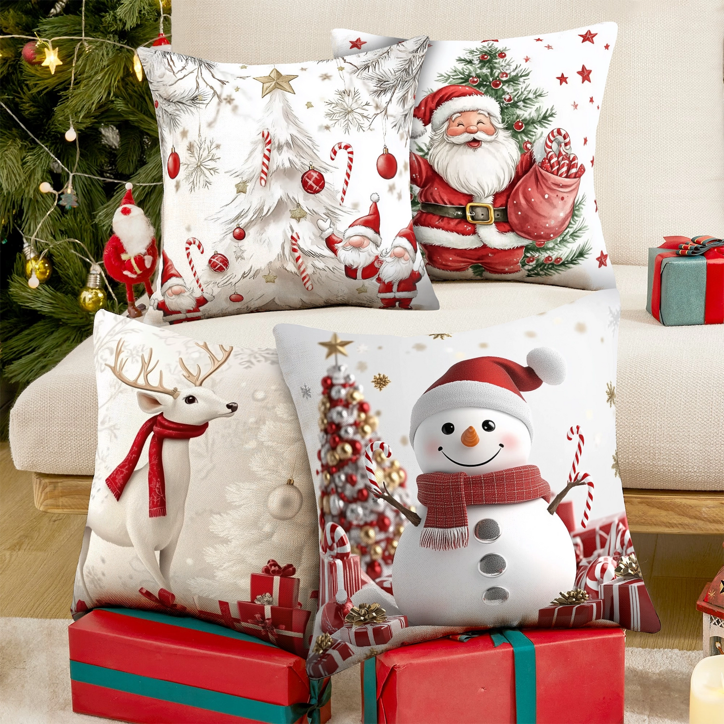 Shineful Set-4 of 2D Print Cushion Cover, Pillowcase, Pillows Covers - Whimsical Snowman Wonderland Festive Christmas Celebration