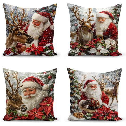 Shineful Set-4 of 2D Print Cushion Cover, Pillowcase, Pillows Covers - Santa with his reindeer in a snow-covered winter wonderland with festive poinsettias and holiday cheer