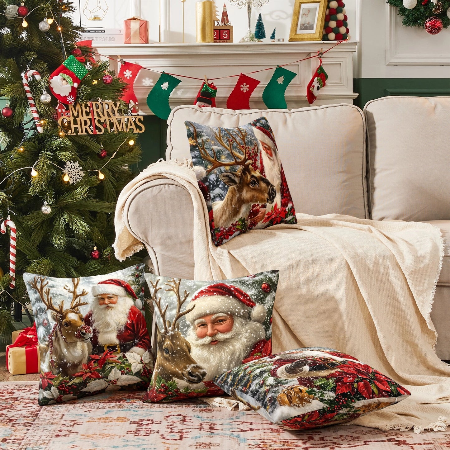 Shineful Set-4 of 2D Print Cushion Cover, Pillowcase, Pillows Covers - Santa with his reindeer in a snow-covered winter wonderland with festive poinsettias and holiday cheer