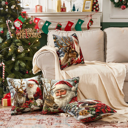 Shineful Set-4 of 2D Print Cushion Cover, Pillowcase, Pillows Covers - Santa with his reindeer in a snow-covered winter wonderland with festive poinsettias and holiday cheer
