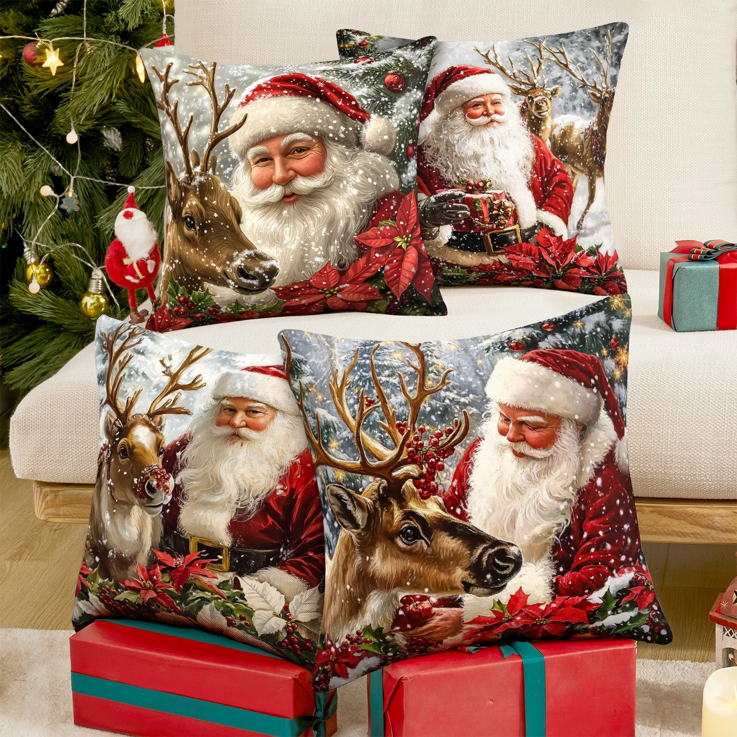 Shineful Set-4 of 2D Print Cushion Cover, Pillowcase, Pillows Covers - Santa with his reindeer in a snow-covered winter wonderland with festive poinsettias and holiday cheer
