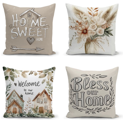 Shineful Set-4 of 2D Print Cushion Cover, Pillowcase, Pillows Covers - Home Sweet Home Watercolor and Hand-Drawn Designs